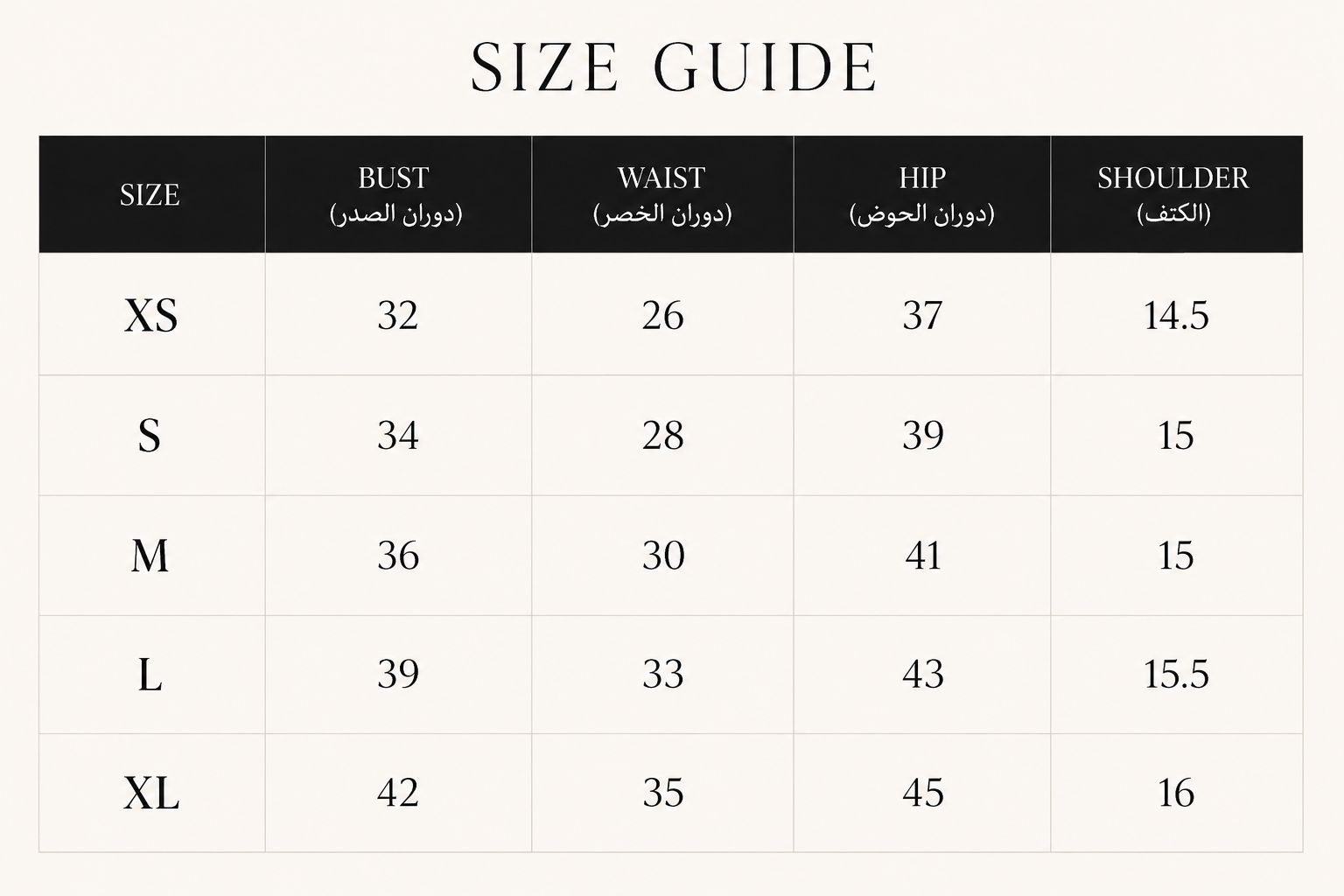 MARA size guide — bust, waist, hip and shoulder measurements for sizes XS to XL